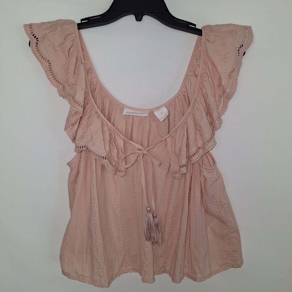 Pink Light Peach Embroidery 100% Cotton Ruffle Babydoll Lace Blouse‎ Tassels S